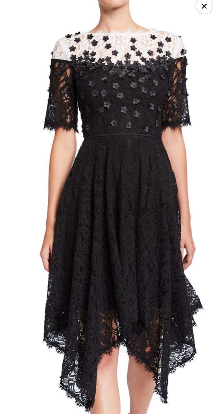 Focus by Shani Dress Womens 8 Floral Applique Lace Handkerchief White Black Midi